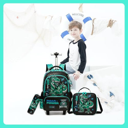 Meetbelify Boys Rolling Backpack with Wheels for Elementary Preschool Students Kids Travel Luggage Carry on Backpack for Boys Ages 6-8 Dinosaur - color: 02 Dinosaur