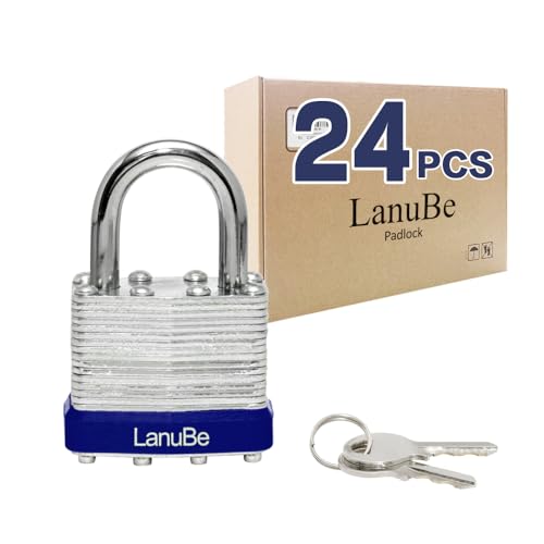 LanuBe Laminated Keyed Alike Padlock 24 Pack 1.6-in Wide Standard Shackle | Brass cylinder with keyed alike design.One key opens all locks. Blue，Standard shackle for gates, sheds,hasps ，toolboxes - size: 24 Pack Blue