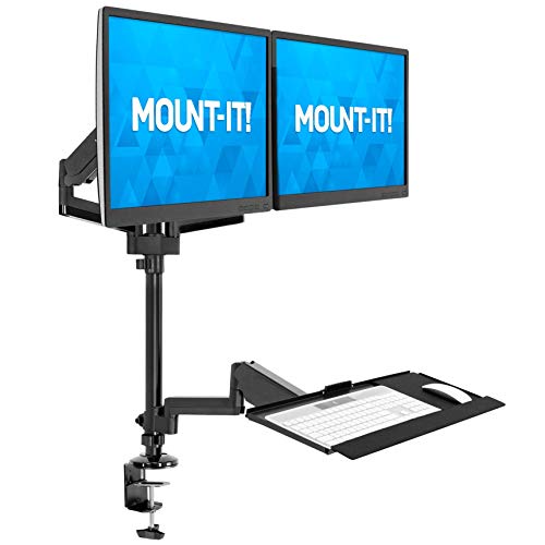 Mount-It! Dual Monitor Arm Desk Mount Sit-Stand Workstation with Keyboard Tray, Height Adjustable Gas Spring, Fits Two 17–32” Screens, 17.6 lbs Each, VESA 75x75 100x100, Clamp or Grommet (Black)