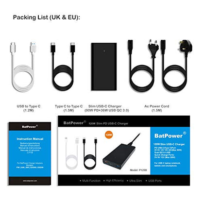 P120B 120W PD USB-C Slim Laptop Charger - Dual USB QC3.0, Compatible with Microsoft Surface Book 3/2/Pro X, USB-C Power Supply for Notebooks, Tablets & Type-C Devices