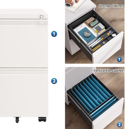 DEVAISE 2 Drawer File Cabinet with Lock for Home Office, Fully Assembled | Under Desk Metal Filing Cabinet with Wheels, Fits Letter/Legal/A4 Size, White - color: White, size: 17"D x 15"W x 27"H