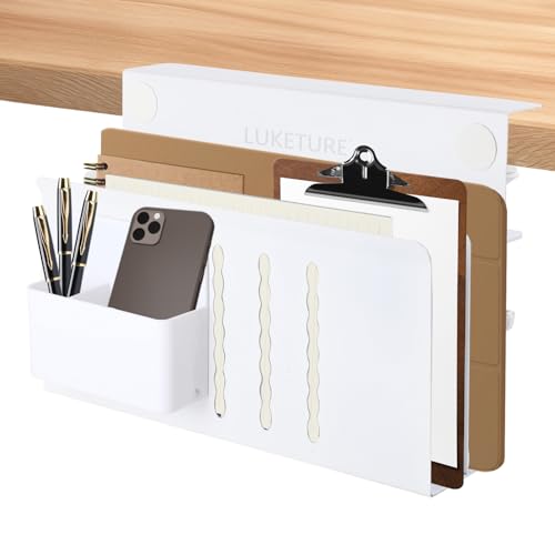LUKETURE 2 Tier Desk Side Storage, No Drill Laptop Mount with Pen Holder | Fits Flat Edge Desks 0.3 to 2.8 Inches,Secure Grip on Wood, Glass, or Metal Surfaces Without Slipping - color: White(2 Tie)
