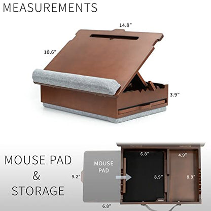 SideKiix Wooden Tilting Lap Desk for Writing, Drawing, Laptop Work, and More, Height Adjustable Compact Table with Slide-Out Mouse Pad, Internal Storage, Wrist Support, Dark Wood, SX-LAPD-1