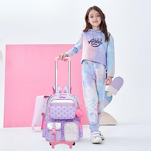 Meetbelify Backpack with Wheels for Girls Rolling Backpack Cute Carry on Backpack for Elementary Student - color: Purple