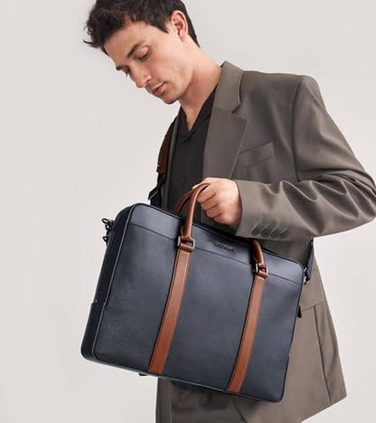 Cole Haan Men's Triboro Leather Briefcase - color: Navy Blazernew British Tan