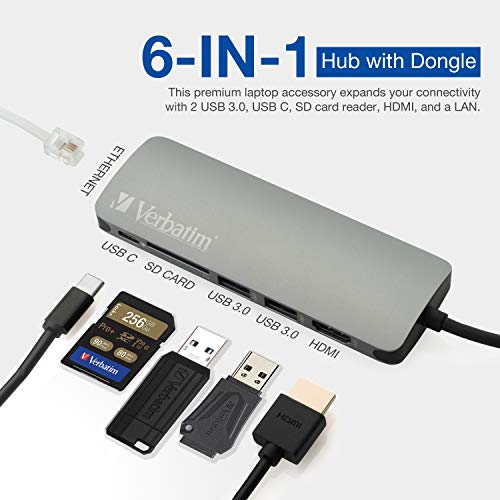 Verbatim 6-in-1 USB C Hub w/Dongle - USB Hub for Laptop w/ 2 USB 3.0, SD Card Reader, 4K HDMI, Ethernet, Compact & Portable USB-C Hub - color: 6 in 1 Hub Dongle