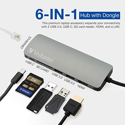 Verbatim 6-in-1 USB C Hub w/Dongle - USB Hub for Laptop w/ 2 USB 3.0, SD Card Reader, 4K HDMI, Ethernet, Compact & Portable USB-C Hub - color: 6 in 1 Hub Dongle