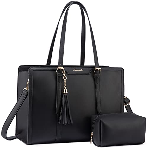 LOVEVOOK Laptop Bag for Women 15.6 inch Lightweight PU Laptop Tote Bag, Large Capacity Computer bag with Clutch Purse for Business, Work, Office, Travel, School,Casual(Black & Leather) - color: Black & Leather, size: 15.6 Inch