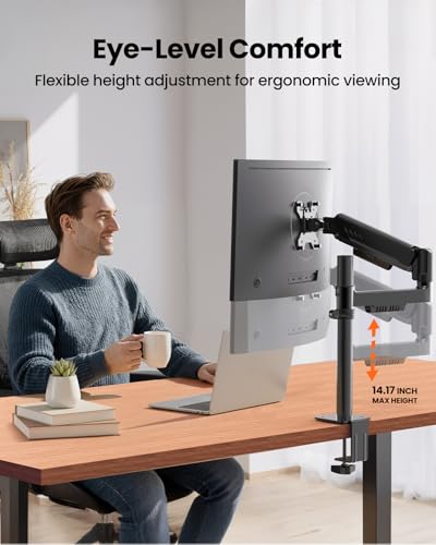 ErGear Single Monitor Arm, Adjustable Desk Gaming Monitor Mount for 13-34″ Screens, Up to 19.8 lbs, Enhanced Stability with Integrated C-Clamp, Upgraded Cable Management, VESA 75x75/100x100mm, Black - size: 17"-34", style: Single Arm