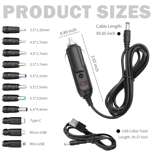 12V Car Charger Kit with DC 5V Power Cable,12V Cigarette Lighter Plug DC 5.5 * 2.1mm Includes USB Cable,11 Connectors,Universal Car Charger Adapter for GPS,DVD Player,Camera