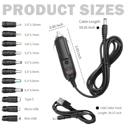 12V Car Charger Kit with DC 5V Power Cable,12V Cigarette Lighter Plug DC 5.5 * 2.1mm Includes USB Cable,11 Connectors,Universal Car Charger Adapter for GPS,DVD Player,Camera