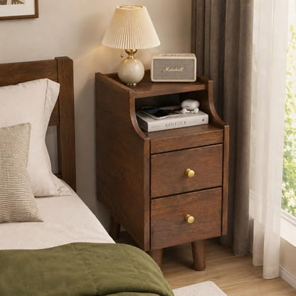 POWERSTONE Narrow Nightstand with 2 Drawers Set of 2, Solid Wood Bedside Table with Pull Out Tray & Cable Hole & Slots, Slim End Side Table for Small Spaces Bedroom, Living Room, Brown - color: Brown