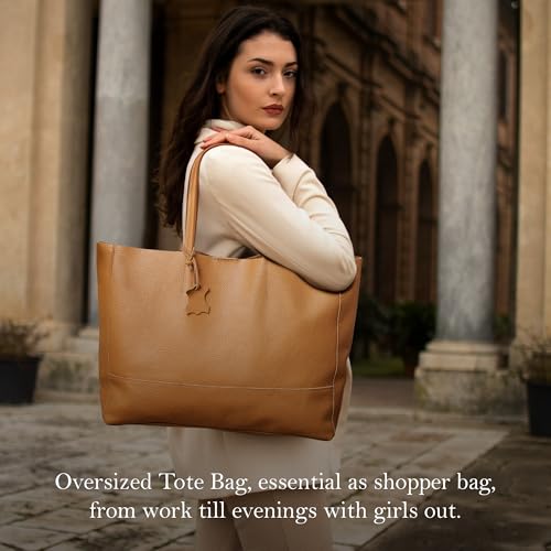 Italian Leather Tote Bag for Women - Large Shoulder Shopper, Fits 16” Laptop, Keychain Holder, Made in Italy - color: Camel Brown