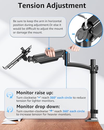 MOUNTUP Laptop Desk Mount, Adjustable Laptop Stand for max 17" Notebook or 32" Monitor, Laptops Arm Mount for Desk Holds 4.4-22lbs, Tall Laptops Stand with Clamp/Grommet - size: Single, style: With Pole