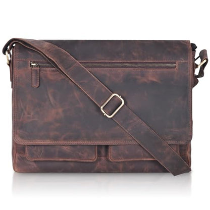 VALENCHI 15" Full Grain Leather Laptop Messenger Bag For Men & Women - Padded 15.3" Laptop Compartment, Ample Storage & Pockets, Premium Natural Leather (Brown Oily Hunter) - color: Brown Oily Hunter