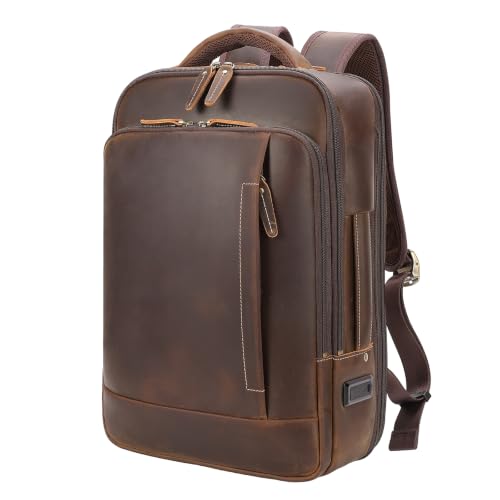 TIDING Full Grain Leather Expandable Backpack for Men, Vintage 15.6 Inch Laptop Bag Work Business Travel Casual Daypack with USB Charging Port - color: Dark Brown, size: Medium(15.6" laptop)