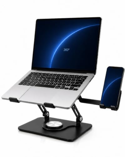 2-in-1 Laptop Stand with Phone Holder, 360° Swivel Laptop Riser for Desk | Fits 10-16 Inch Laptops, Height and Angle Adjustment, Carbon Steel Frame, Silicone Contact Pads, Fold-Flat Storage, 1 Pack