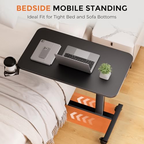 COMHOMA Adjustable Overbed Bedside Table with Lockable Wheels, Pneumatic Mobile Standing Laptop Desk, Small Standing Desk Portable Rolling Overbed Table Hospital Home Use(32" W x 18" D, Black) - color: Black, size: Large