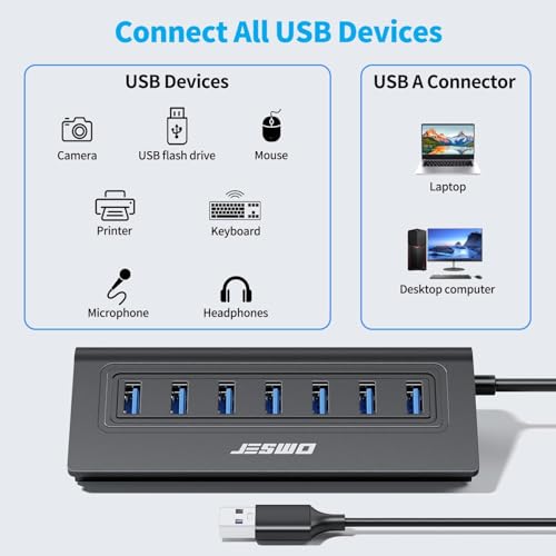 USB Hub 3.0, JESWO Aluminum 7 Port USB 3.0 Hub with 3.3Ft Cable, USB Splitter with 7-USB3.0 Data Ports Compatible with MacBook, Laptop,Surface Pro, PS5, PC and More (No Power Adapter Included) - color: Black