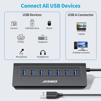 USB Hub 3.0, JESWO Aluminum 7 Port USB 3.0 Hub with 3.3Ft Cable, USB Splitter with 7-USB3.0 Data Ports Compatible with MacBook, Laptop,Surface Pro, PS5, PC and More (No Power Adapter Included) - color: Black