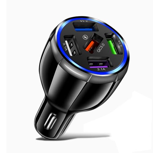 Car Charger Adapter, 5 Port QC3.0 Fast Charging Car Cigarette Lighter USB Charger, Compatible with iPhone, Android, Samsung, iPad Pro, and More (Black)