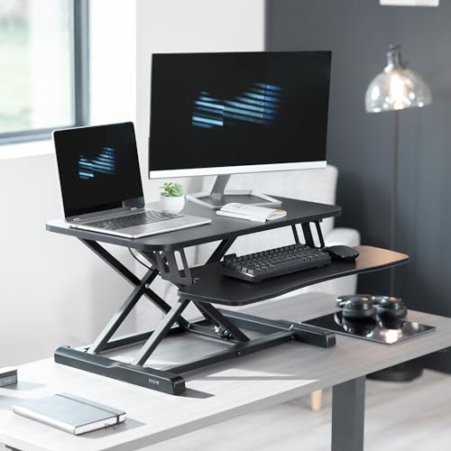 VIVO 28 inch Desk Converter, K Series, Height Adjustable Sit to Stand Riser, Dual Monitor and Laptop Workstation with Keyboard Tray, Black, DESK-V028KB - color: Black, size: 28"