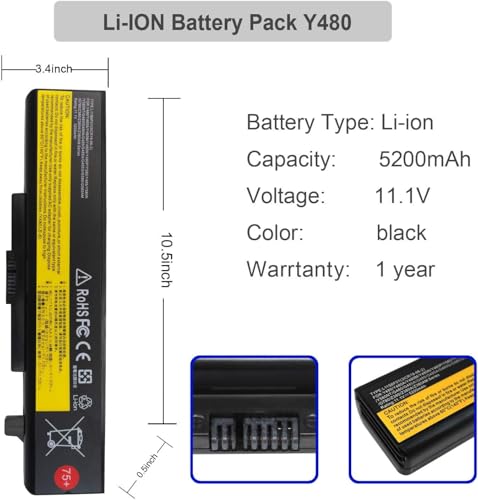 5200MAH L11S6Y01 L11L6Y01 Laptop Battery Compatible with Lenovo IdeaPad Y480 Y580 G480 G580 Z380 Z480 Z580 Z585 Series L11M6Y01 L116Y01 L11S6F01 L11L6F01 L11P6R01