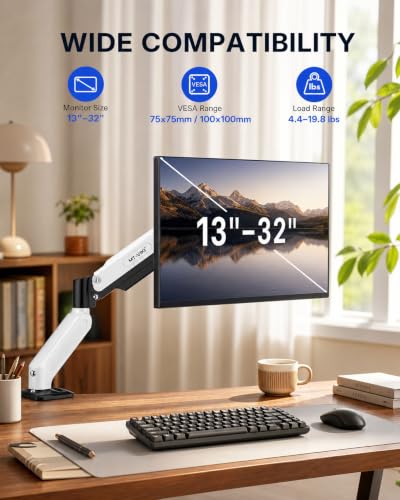 MT-VIKI Single Monitor Arm for 17"-32" Monitors, Gas Spring Adjustable Desk Mount, Quick Release VESA Plate, Full Motion with Cable Management, Clamp & Grommet Base, Supports 4.4–19.8 lbs, White - size: Single Arm
