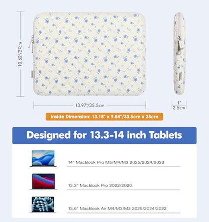 MoKo 13-14 Inch Puffy Laptop Sleeve Bag | Fits MacBook Air/Pro 13-inch M4, MacBook Neo 13-inch A18, Mac Pro 14-inch M3/M2/M1 and MacAir 13-inch M3/M2/M1, Blue Floral - color: Blue Floral, style: 13.3 - 14 Inches