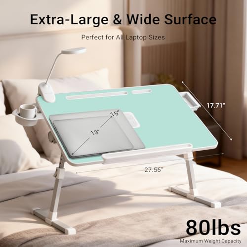 Adjustable Laptop Lap Desk with Cooling Fan USB Light for Adults - color: Green,70x45cm
