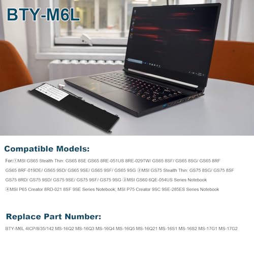 TREE.NB BTY-M6L Laptop Battery Replacement for MSI GS65 Stealth Thin for MSL GS75 Stealth Thin for MSI GS60 6QE-054US Series for MSI P65 Creator 8RD-021 8SF 9SE Series - size: 13.19x3.23x0.28inch BTY-M6L