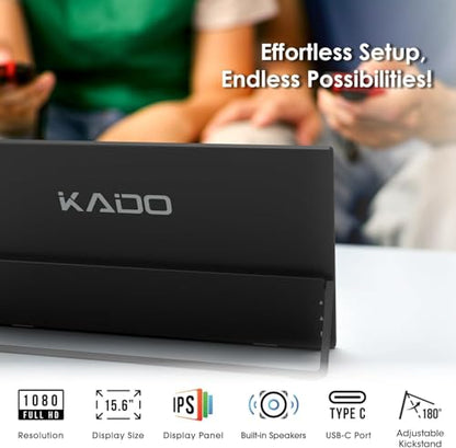 Kado 15.6" FHD Portable Monitor for Laptop Aluminum Foldable Set, 1080p Second Display IPS 1920x1080 HDMI USB-C Laptop Screen Extender, 180° Kickstand for PC, Mac, Dex, Tablet, Xbox, PS4/PS5, Switch