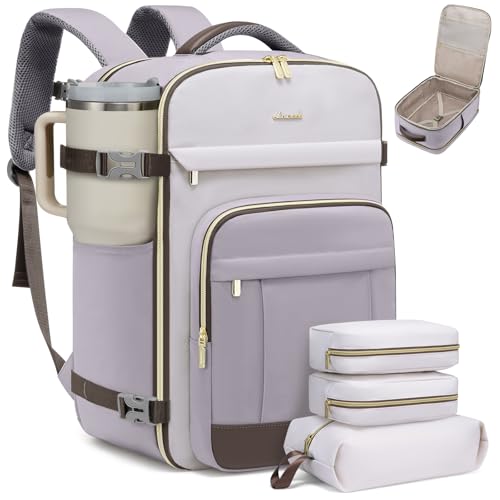 LOVEVOOK 50L Travel Backpack for Women & Men - 18 Inch Carry On Backpack & Personal Item Backpack for Airlines, Spacious and Durable Design, with 3 Packing Cubes - color: Light Grey-beige-coffee, size: X-Large-50L-4Pcs