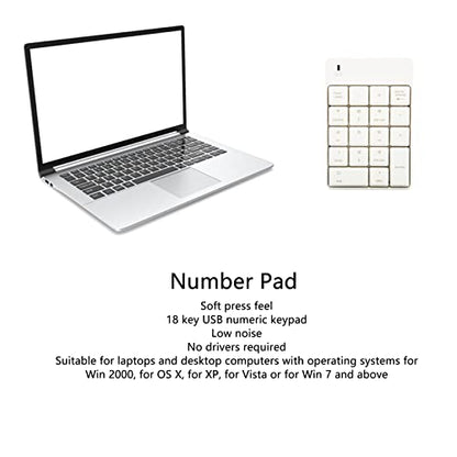 Numeric Keypad, 18 Key Wireless USB Number Pad with Low Noise Design and Comfortable Tilt Angle, for Laptop Desktop PC OS X (White) - color: White