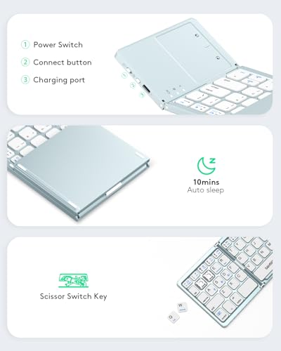 Samsers Foldable Bluetooth Keyboard with Touchpad, Ultra Slim Compact, Blue | Multi-touch Trackpad, Full Size, Phone Holder, USB-C Charging, 3 Device, for Android Windows iOS Mac OS, Mobile Productivity - color: Sky Blue, size: 3-Device