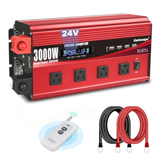 Cantonape 3000W Power Inverter 24V to 110V/120V DC to AC with LCD Display, Remote Controller 4 x AC Outlets and 4 x 3.1A USB Car Adapter for Car Truck Boat RV Solar System - size: 3000W-24V
