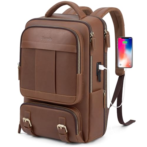 Tzowla Leather Laptop Backpack, Bag for Men and Women,Business Travel Work Rucksack Fits 15.6 Inch Laptop, Vintage Bookbag - color: Leather-brown, size: 15.6inch