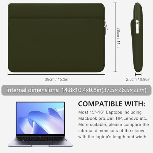 Laptop Sleeve Bag Compatible with 15 to 16 inches MacBook HP Dell Asus Acer Protective Case with Front Pocket Padded Computer Pouch Cover Protective for 15” to 16” Laptop, Green - color: Army Green, size: 15/16 inches