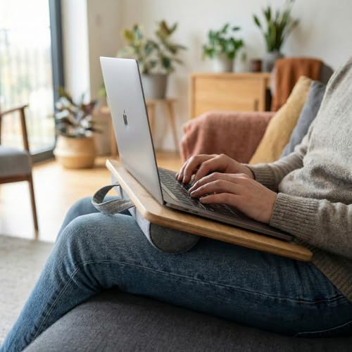 PEPE Mobility Wooden Portable Lap Laptop Desk with Pillow Cushion, Fits up to 15.6 inch Laptop, with Anti-Slip Strip and Handle, Natural Bamboo