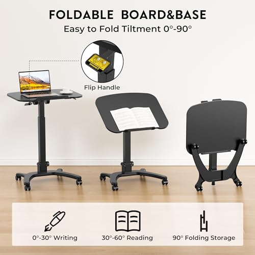 BONTEC Mobile Foldable Standing Desk, Portable Adjustable Height Desk with Gas Spring, Small Rolling Laptop Desk with Wheels for Home, Office, Bedroom, and Medical Use, 25.6" x 19.7" Desktop, Black - color: Black