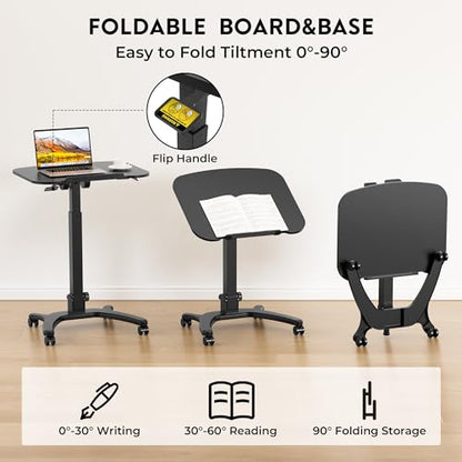BONTEC Mobile Foldable Standing Desk, Portable Adjustable Height Desk with Gas Spring, Small Rolling Laptop Desk with Wheels for Home, Office, Bedroom, and Medical Use, 25.6" x 19.7" Desktop, Black - color: Black