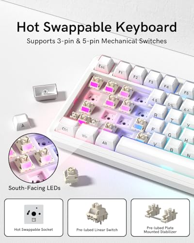 L75 Wireless Mechanical Keyboard with Knob, 75% Hot Swappable Custom Gaming Keyboard Gasket Structure with RGB Backlit, Pre-lubed Switches, Crystal Jelly PBT Keycaps, 2.4GHz/USB-C/BT5.0 Mode - color: Crystal-White