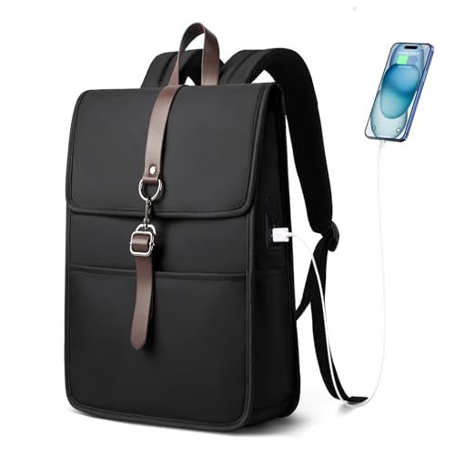 Slim Vintage Backpack for Men Women,15.6 Inch Laptop Backpack | Flap Computer Bag for Commuter Travel, Business Work Backpack with USB Charging Port, Anti-Theft Lightweight Backpack - color: Black