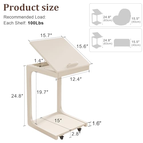 AQIMUELE Wooden C-Shaped End Table,Couch Table with Adjustable Desktop,Small Rolling Side Table with 2 Lockable Wheels,Small End Table for Couch, Living Room,Bedroom (White) - color: White, size: 15.6"D x 15.7"W x 24.8"H, style: Modern 2 Tier