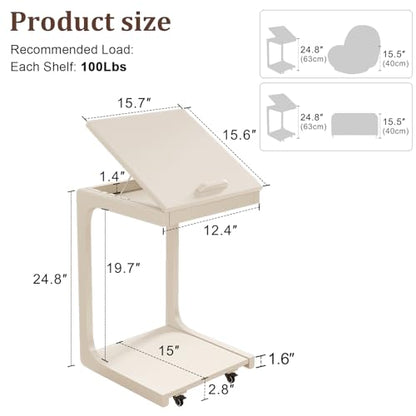 AQIMUELE Wooden C-Shaped End Table,Couch Table with Adjustable Desktop,Small Rolling Side Table with 2 Lockable Wheels,Small End Table for Couch, Living Room,Bedroom (White) - color: White, size: 15.6"D x 15.7"W x 24.8"H, style: Modern 2 Tier