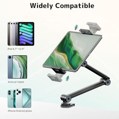 Tablet Stand Holder with 360° Rotation,Adjustable Arm Clamp for 4.7”-12.9" | Supports 2.2 lbs,Portable Phone Tablet Holder for ipad,iPad, iPhone, Kindle, Black,Flexible Angle for Work or Media