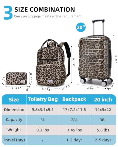 LARVENDER Carry on Luggage Sets 3 Piece, 20" Suitcase with Wheels, Cheetah | 22x14x9 Airline Approved, Lightweight PC+ABS Leopard Prints Shell, Smooth 360° Wheels, TSA Lock, 3-Piece Set with Backpack - color: Cheetah-20BP, size: 3 Piece Set (Backpack/TB/2