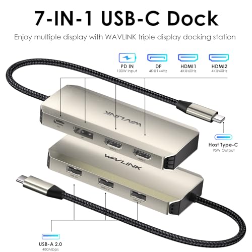 Laptop Docking Station, WAVLINK Triple 4K Docking Station with Dual HDMI, DP, 100W PD in, 3 USB-A2.0 for Wireless Device, Compatible with Dell/HP/Lenovo etc, Windows Systerm Computer Only