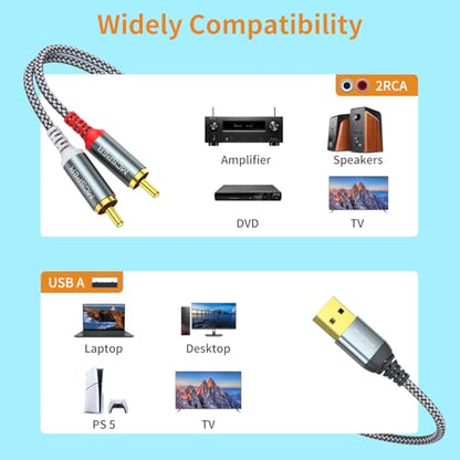 MCSPER USB to RCA Audio Cable (6.6FT), USB 2.0 Male to 2 RCA Male Stereo Audio Cable Converter, Nylon Braided USB to RCA Adapter for PC, Laptop, DVD Player, Speaker, Power Amplifier