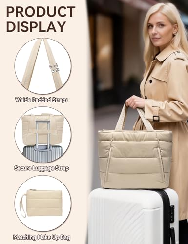 Puffer Tote Bag for Women, Nurse, Large Quilted Shoulder Bag with Cup Holder & Laptop Compartment for Work, Travel, Gym - color: Camel